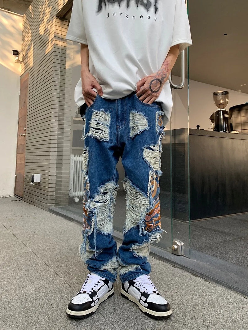 fashion embroidery destroyed ripped tassel holes denim jean pants mens casual loose straight jeans hip hop streetwear joggers unique joggers style 4345