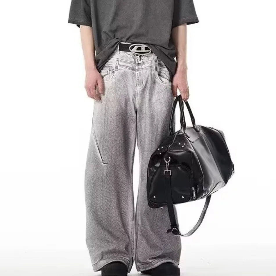 street mens jeans hip hop double waist head gradient smudging trend denim pants y2k 2024 new streetwear american cowboy trousers unique jeans style 470