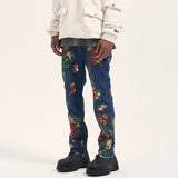 graffiti floral printed denim jean mens new casual zipper biker jeans fashion high street slim fit pants joggers hip hop jeans streetwear sweatpants