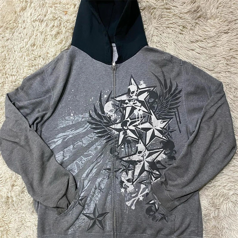 Y2k Women's Long Sleeved Hoodie Oversize Streetwear Sweatshirt Dark Hip Hop Punk Pattern Printed Vintage