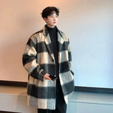 Plaid Woolen Trenchcoat Men Autumn Winter Fashion Retro Streetwear Suit Collar Loose Casual Trendy Trench Coat Outerwear