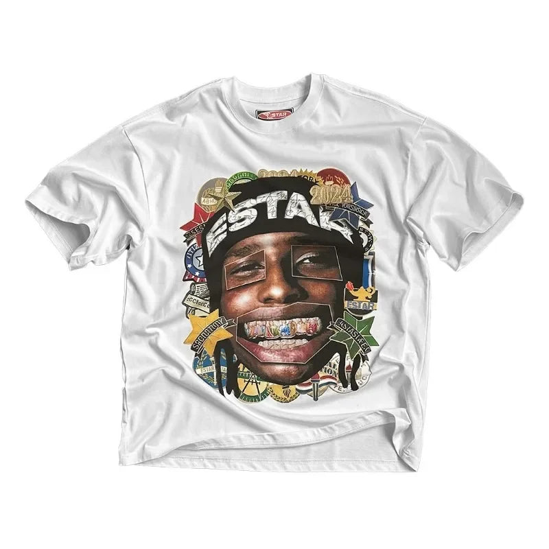 New Trendy Brand Anime Cartoon Printed Oversized T-shirt Shirt Women Y2k High Street Retro Cotton Round Neck Short-sleeved Men