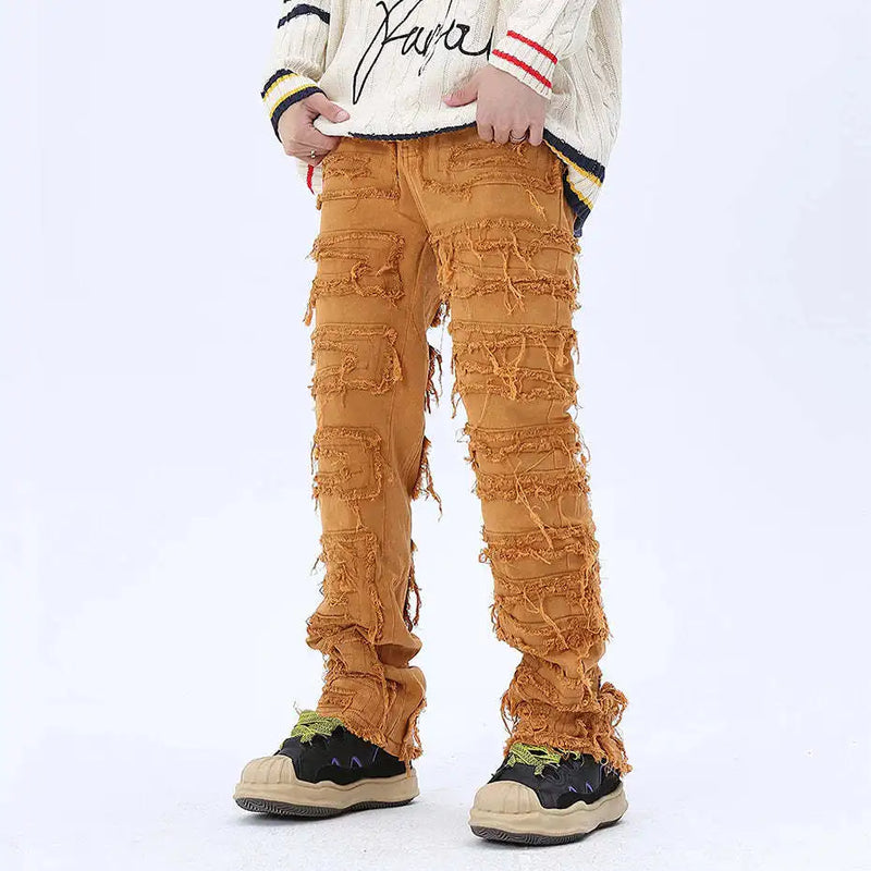 tassel hole spliced european and american straight leg denim pants new popular patch jeans mens wear unique jeans style 193