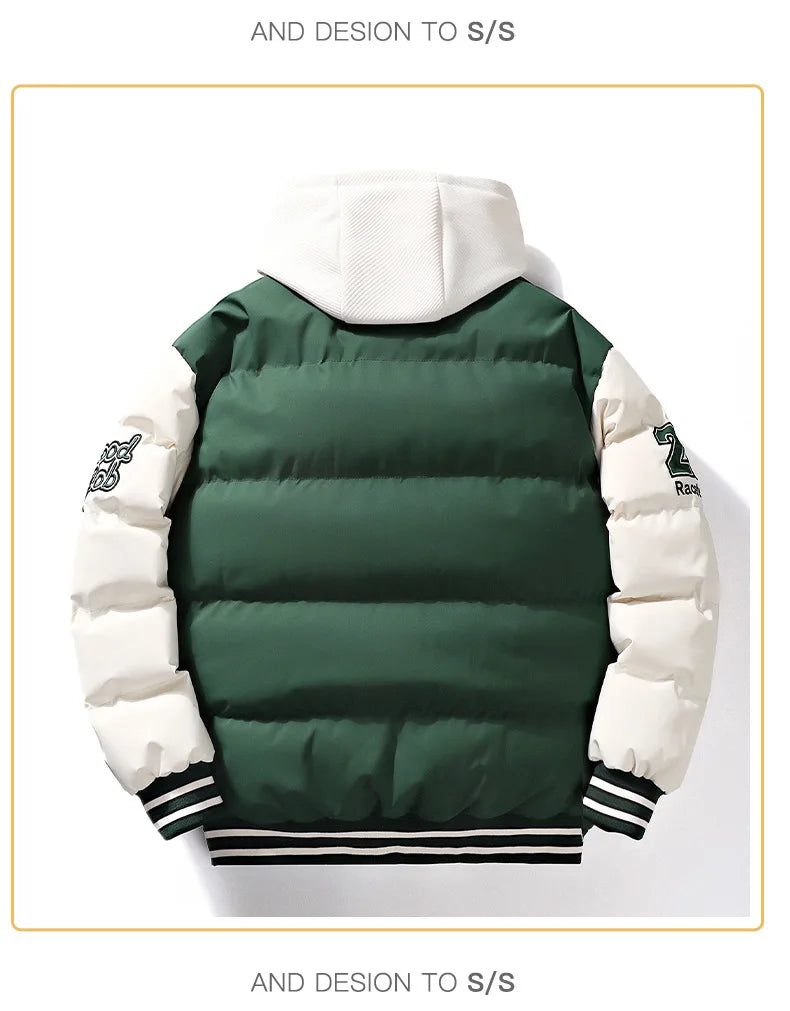 Winter Jacket Men's Two-piece  Hooded Cotton College Style Large Size Warm Baseball Varsity Jacket