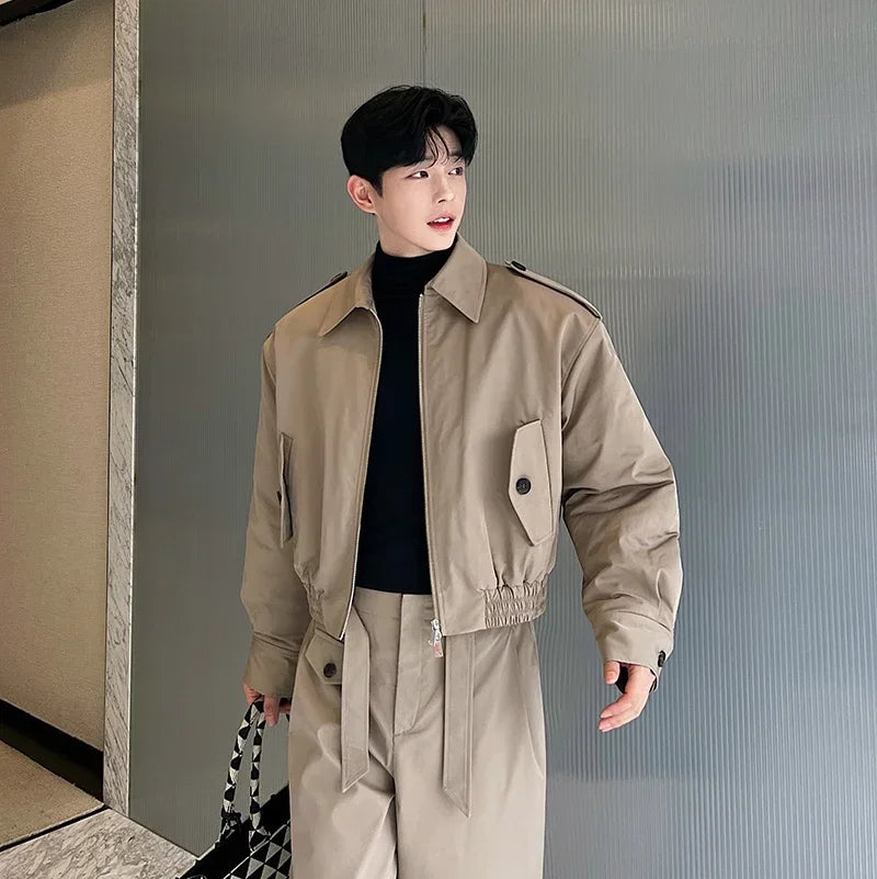 men 2 pieces sets quilted short cargo jacket pant autumn winter korean streetwear casual thicken bomber coat trousers suits utility cargo pants