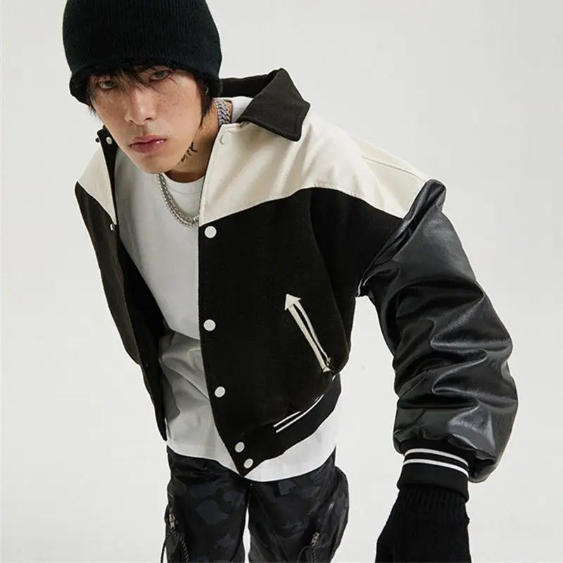 Korean Retro Street PU Leather Patchwork Baseball Jacket Men Autumn Trendy