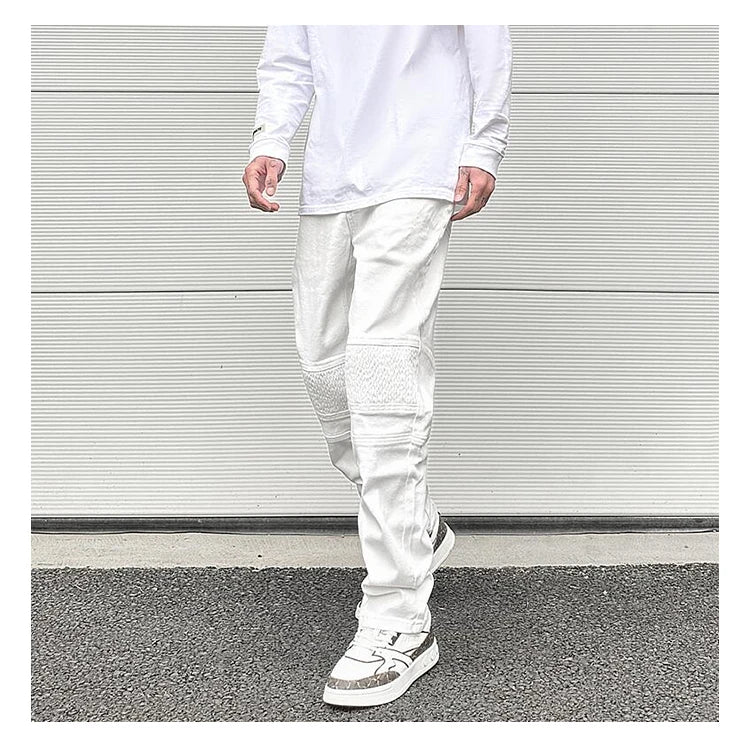 high street white knee pleated vertical stripe elastic fit skinny jeans male casual small leg jeans pants slim mens clothing unique jeans style 3660