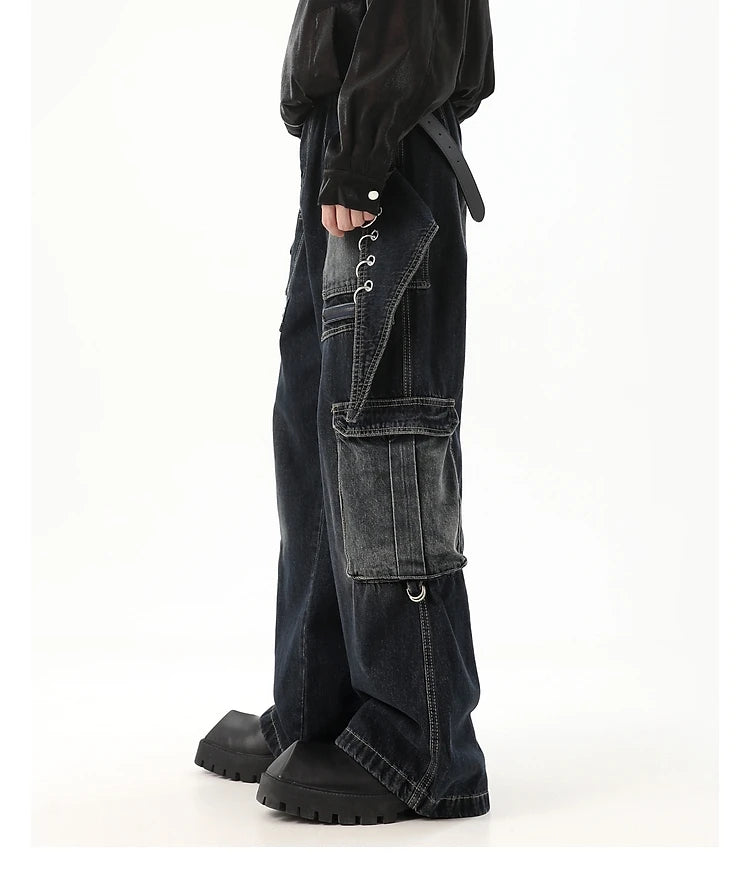 fashion punk rings streetwear loose pants unisex casual multiple pockets wide legs jean pants hip hop joggers men baggy jeans unique joggers style 1503