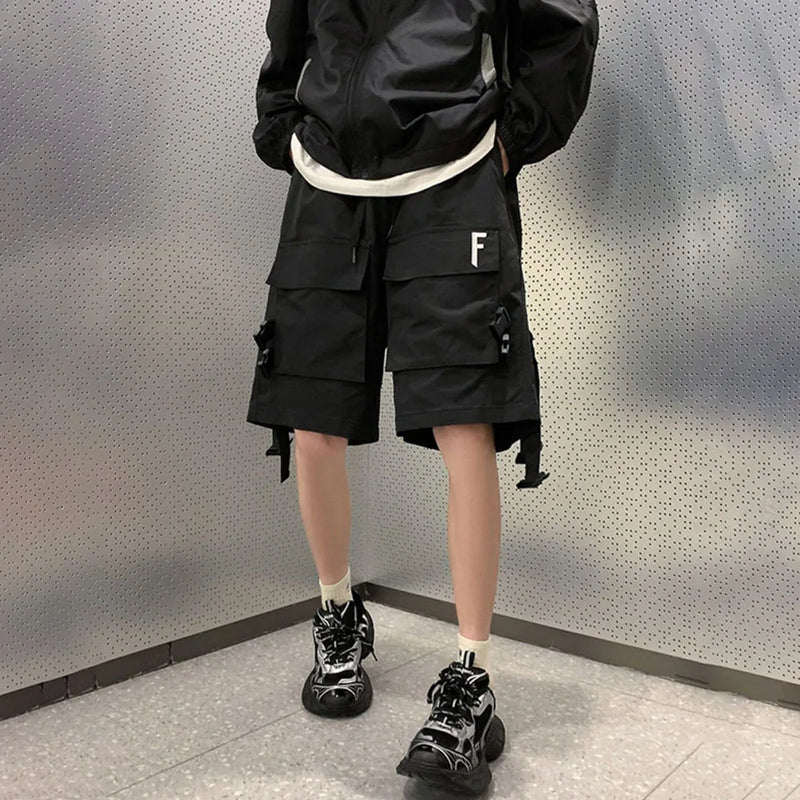 american fashion high street functional cargo shorts mens 2024 summer trendy design casual quarter pants loose straight pants military streetwear pants