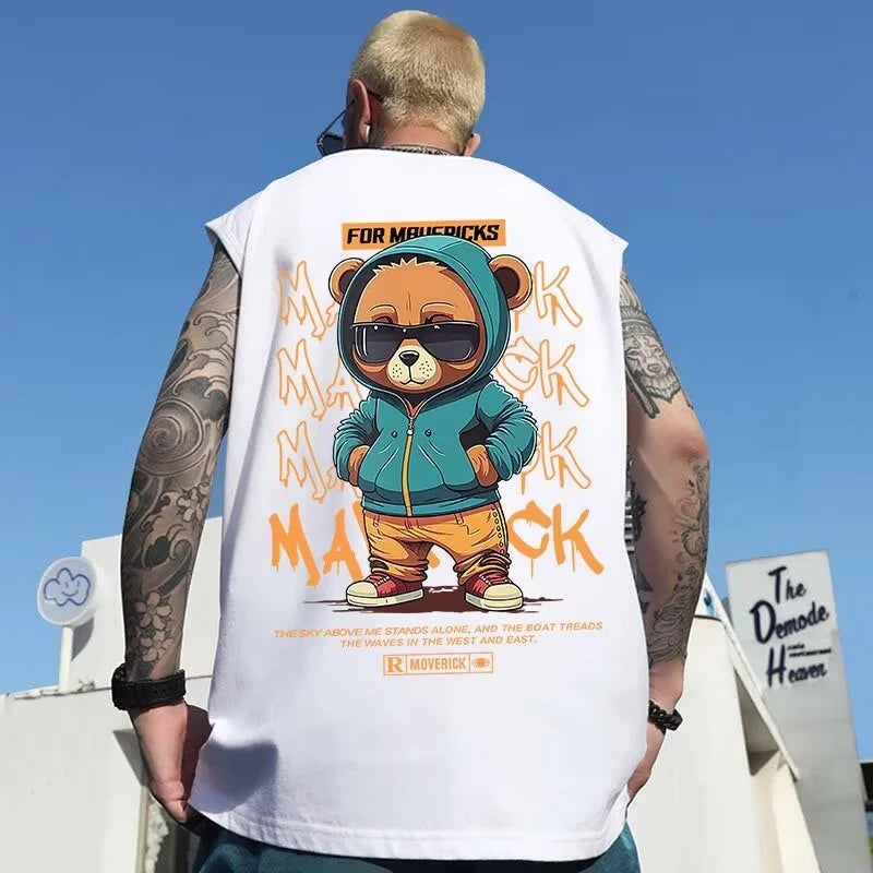 Anime Graphic tee – 2024 Hip Hop Bear Printed Tank Top Men Summer Retro Basketball