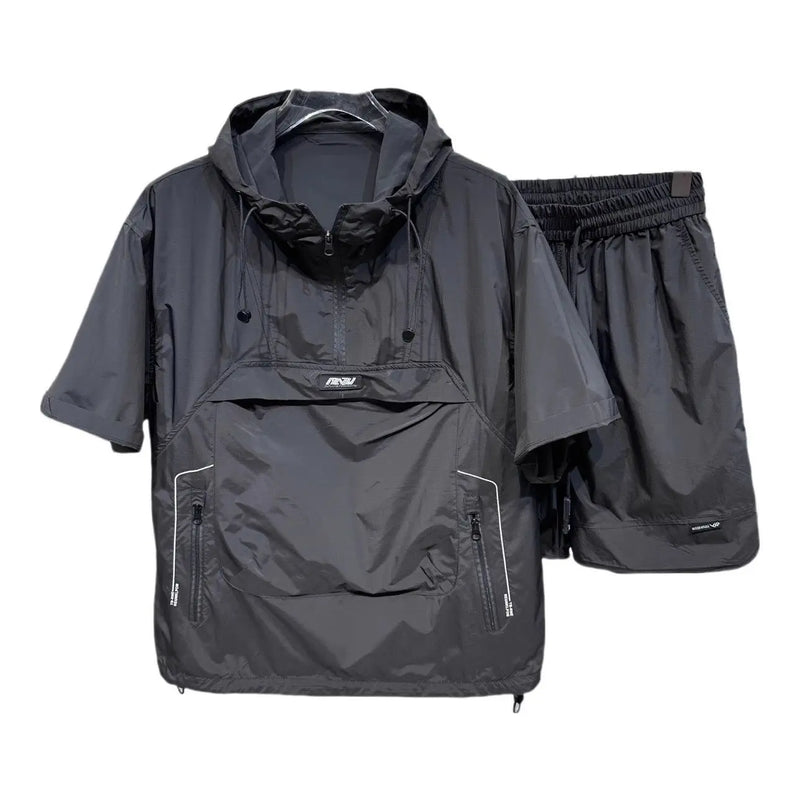 Summer Short Sleeved Shorts Set Workwear Pocket Hooded Zip Top Loose T