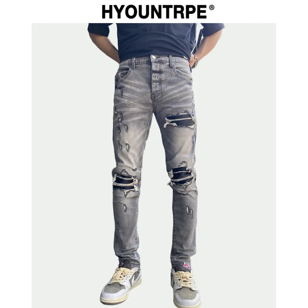 knee holes patckwork skinny denim jeans mens casual button fly slim biker trousers fashion streetwear hip hop jean pants joggers relaxed fit joggers