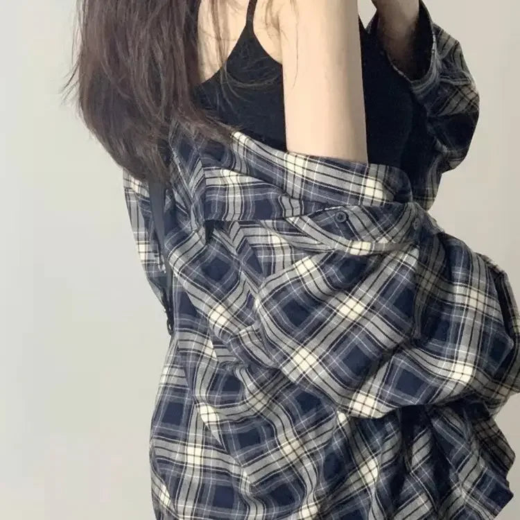 Power Wear Plaid Shirts Women Idle Sle Retro Cardigan Shirt Outerwear Long sleeve Top Spring and Autumn