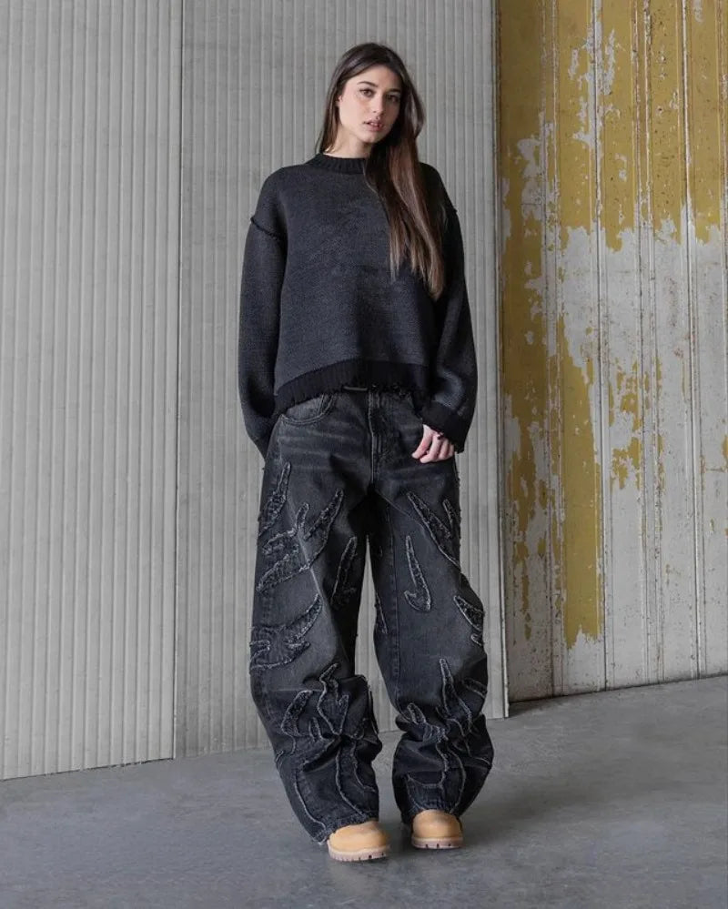 baggy jeans for men y2k hip hop distressed retro black pants oversized embroidery harajuku gothic wide leg trousers streetwear unique jeans style 384