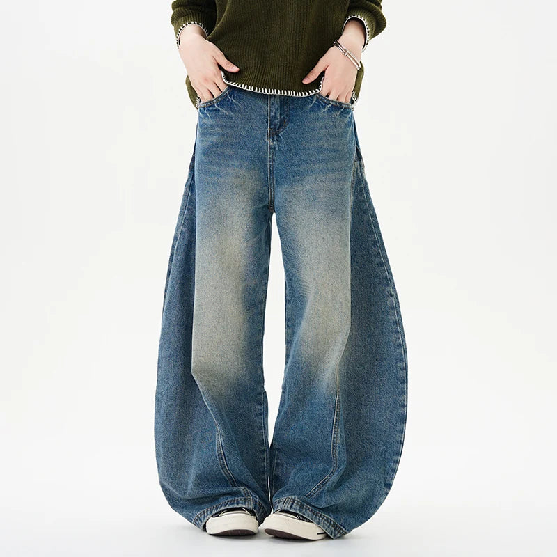 Men Women American Streetwear Vintage Washed Denim Loose Casual Wide Leg Baggy Jeans Couple Harem Jeans Trousers