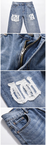 Frog drift Fashion Streetwear High Street REMAKE y2k Straight Stickers Blue Denim Jeans Trousers for men homme