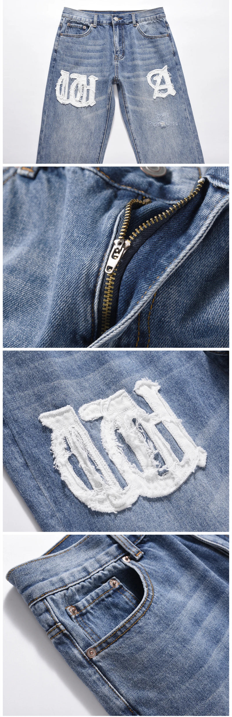 Frog drift Fashion Streetwear High Street REMAKE y2k Straight Stickers Blue Denim Jeans Trousers for men homme