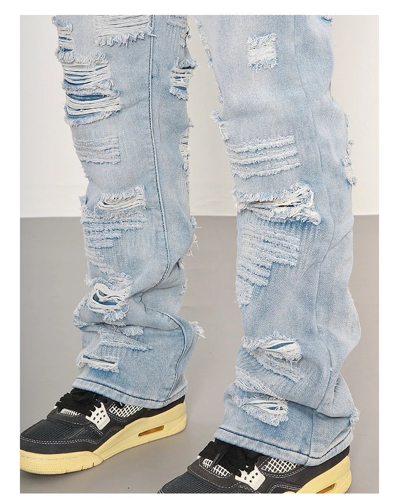men distressed ripped destroied holes denim jean pants fashion zipper biker jeans streetwear flare pants joggers y2k men s jeans unique joggers style 3802