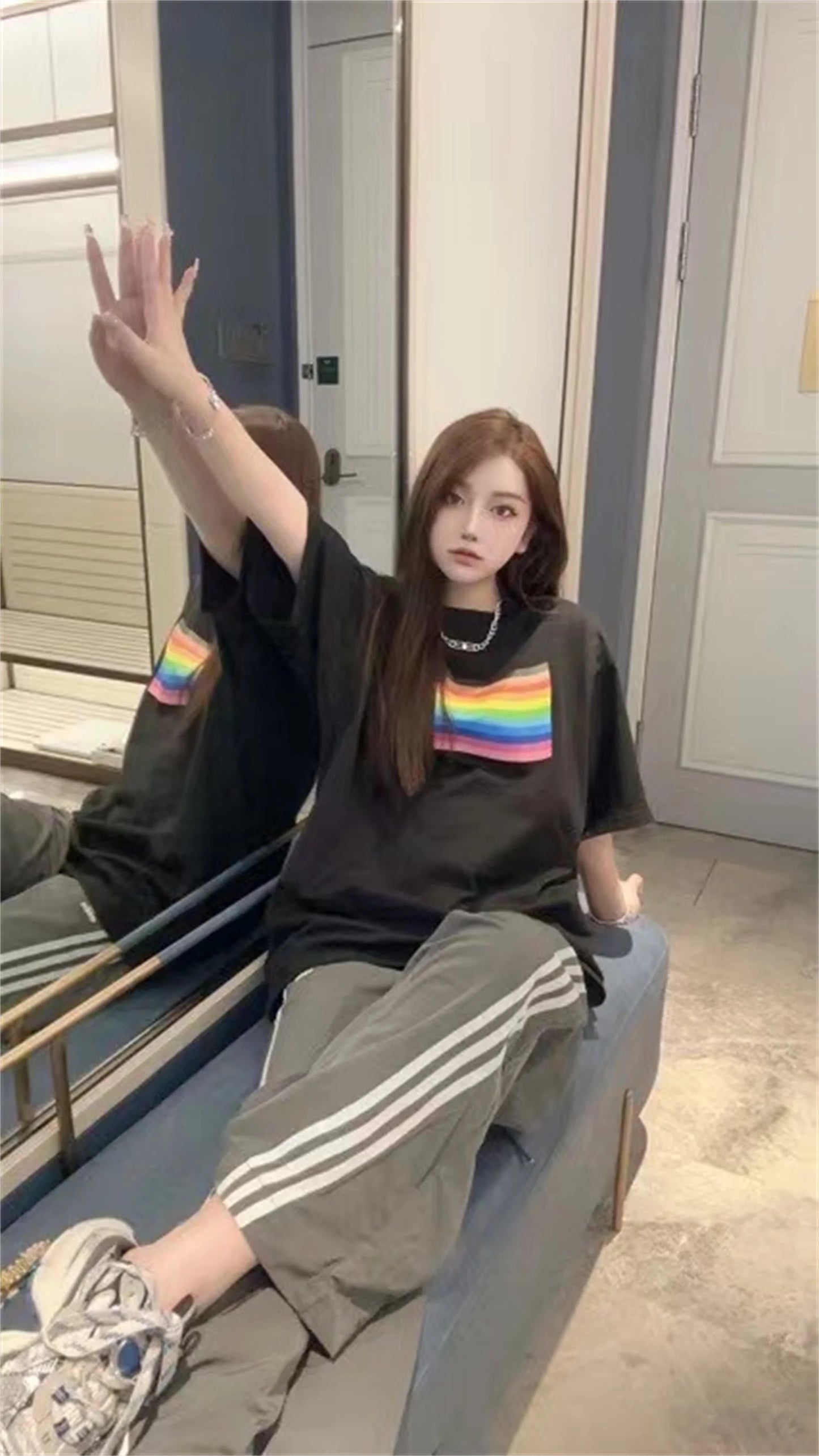 sadcore graphic tee featuring 24ss balcg style rainbow flag logo printed reverse sewn pure cotton oversized loose short sleeved t shirt tops for summer