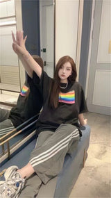 sadcore graphic tee featuring 24ss balcg style rainbow flag logo printed reverse sewn pure cotton oversized loose short sleeved t shirt tops for summer