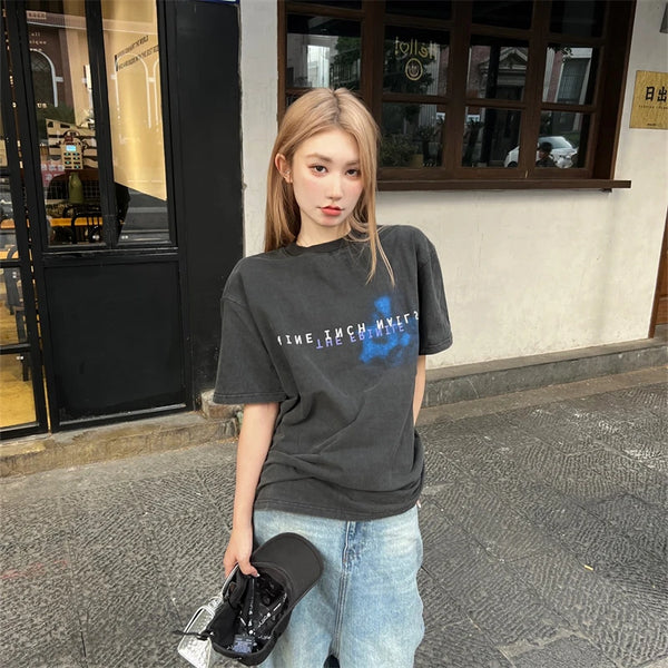 Nine inch DingTalk Letter Summer American High Quality Casual Washed Old Short Sleeve High Street vintage Oversized T-shirt