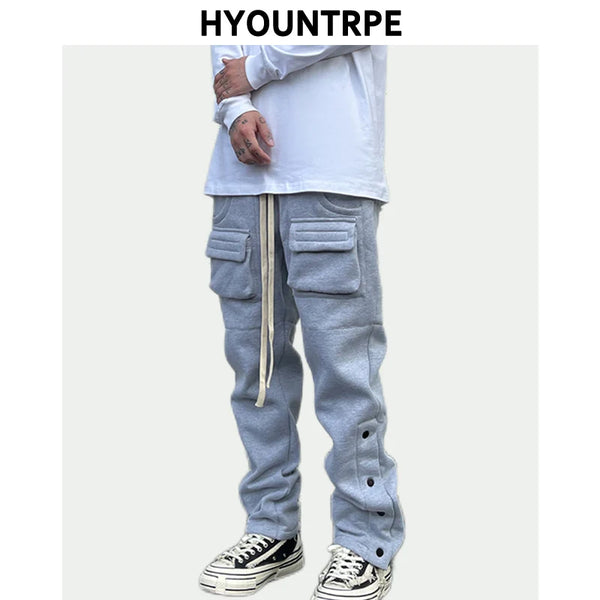 mens high street loose fit elastic waist pants winter warm fleece pants bottons hip hop drawstring sportwear sweatpants joggers streetwear sweatpants