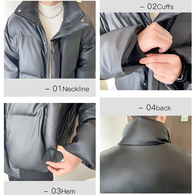 Winter Stand Collar Thicken Leather Short Jacket Men Fashion Loose Casual Warm Cotton-padded PU Leather Bomber Jacket Parka Coat