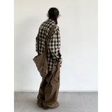 japanese college mens sets rough edge embroidery plaid shirt jackets big pocket retro cargo pants 2 pcs 2024 new casual suits unique cargo style 4433