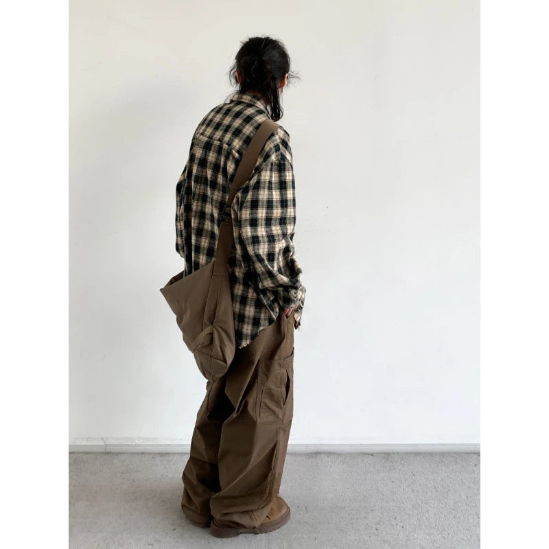 japanese college mens sets rough edge embroidery plaid shirt jackets big pocket retro cargo pants 2 pcs 2024 new casual suits unique cargo style 4433