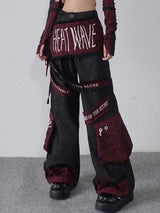 embroidered patchwork red checkered multi pocket jeans with high waist and slimming effect floor length pants baggy jeans women vintage washed jeans