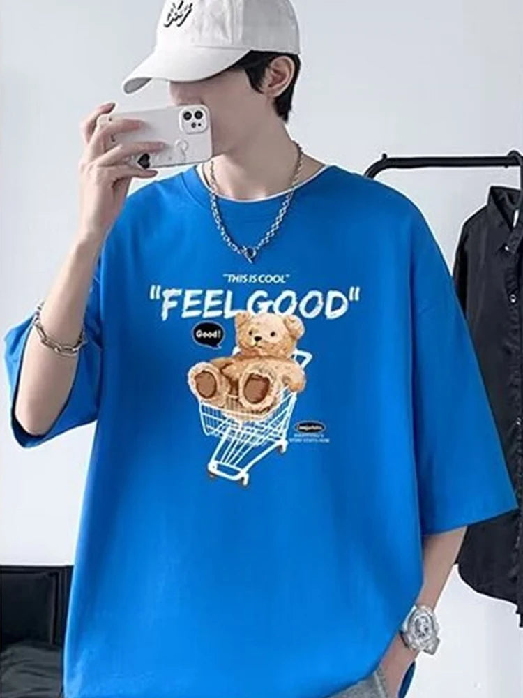 Anime Graphic tee – Funny Feel Good Bear Print Tops Man Casual Oversize T Shirt