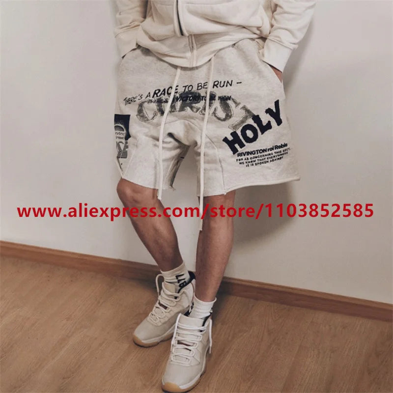 2024 American Heavyweight Vintage Men's Shorts With Letter Print Drawstring Loose Casual High Street High Quality