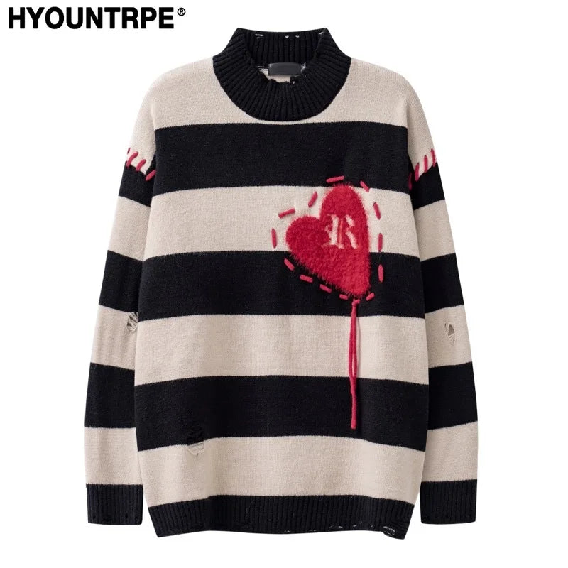 hip hop destroyed ripped holes knitted sweater mens casual y2k striped o neck pullover sweater unisex harajuku streetwear jumper - urban fashion pullover, gothic aesthetic hoodie for winter, bold artwork streetwear hoodie