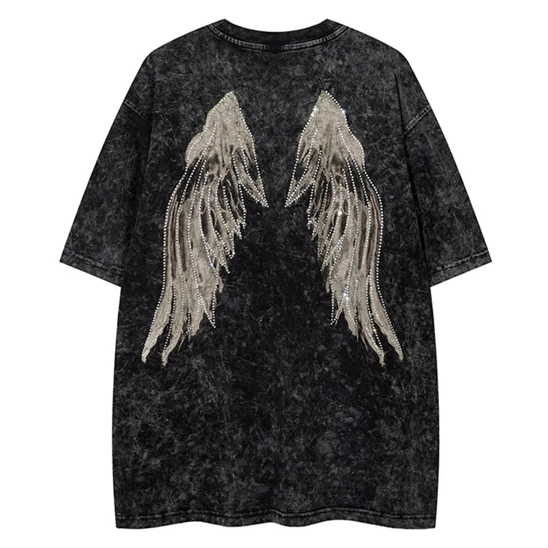 Vaporwave Broken heart – Men Retro T Shirts Rhinestone Wing Washed Short Sleeve T Shi