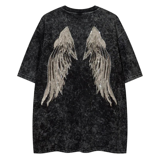 Vaporwave Broken heart – Men Retro T Shirts Rhinestone Wing Washed Short Sleeve T Shi