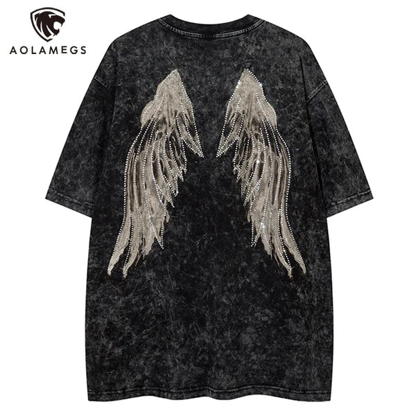 Vaporwave Broken heart – Men Retro T Shirts Rhinestone Wing Washed Short Sleeve T Shi