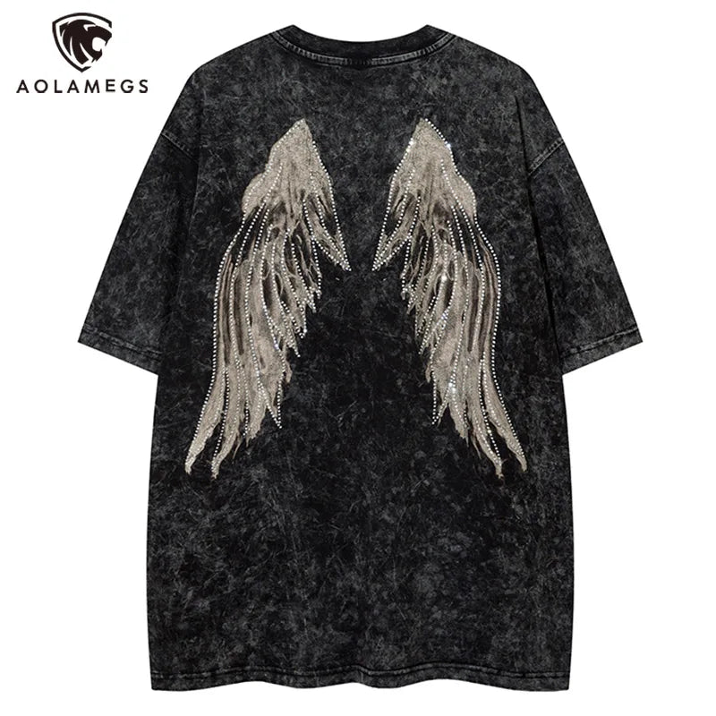 Vaporwave Broken heart – Men Retro T Shirts Rhinestone Wing Washed Short Sleeve T Shi