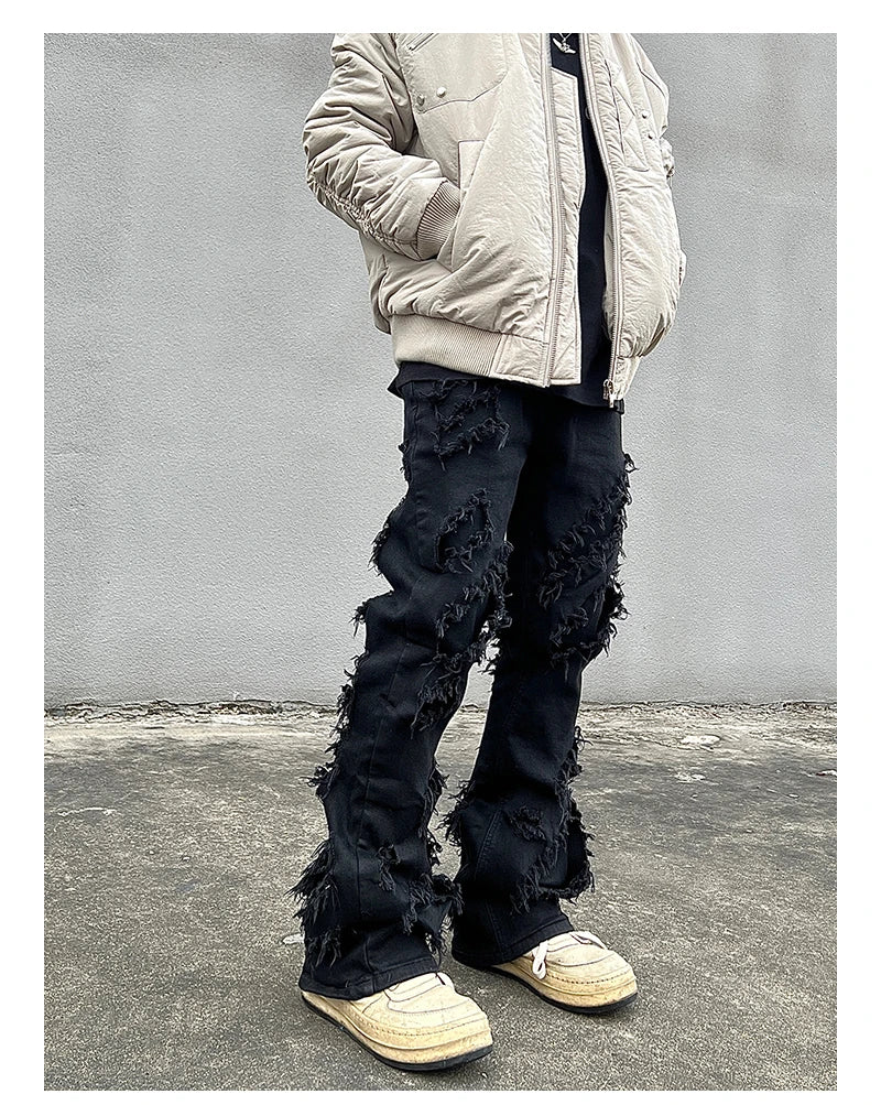 mens distressed ripped destroied tassel denim jean pants new fashion biker jeans streetwear flare pants joggers y2k men s jeans unique joggers style 3989
