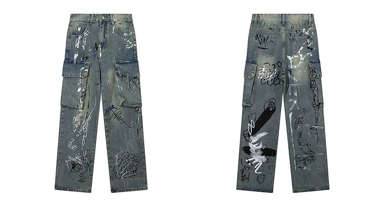 graffiti printed denim jeans unisex side pocket straight cargo jean trousers hip hop streetwear casual loose joggers jeans pants unique joggers style 3706
