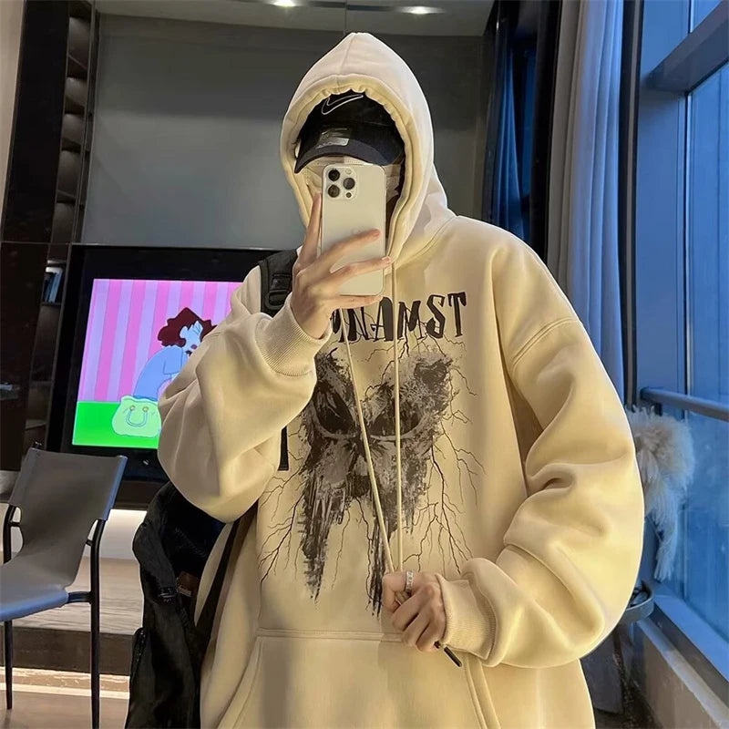 New Gothic Butterfly Printed Hooded Sweatshirt For Men Y2K Harajuku Fa