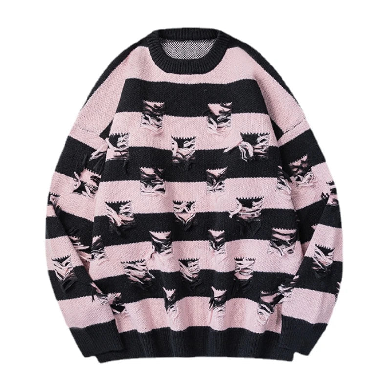 hip hop destroyed ripped holes knitted sweater mens casual striped pullover sweater unisex harajuku streetwear new autumn jumper - anime inspired graphic hoodie, oversized streetwear hoodie, unisex casual winter pullover