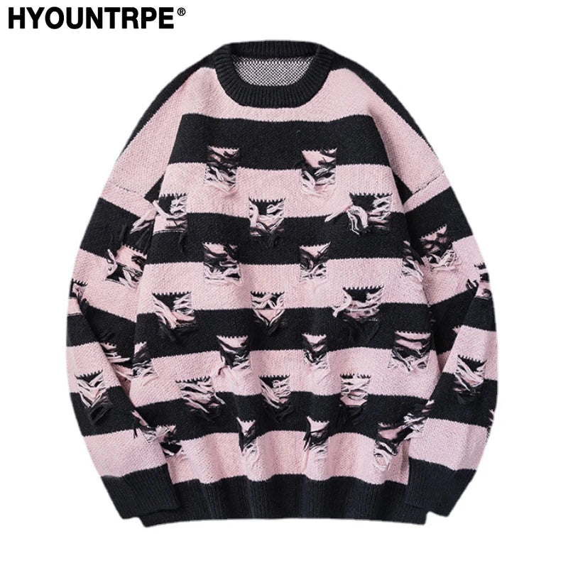 hip hop destroyed ripped holes knitted sweater mens casual striped pullover sweater unisex harajuku streetwear new autumn jumper - anime inspired graphic hoodie, oversized streetwear hoodie, unisex casual winter pullover