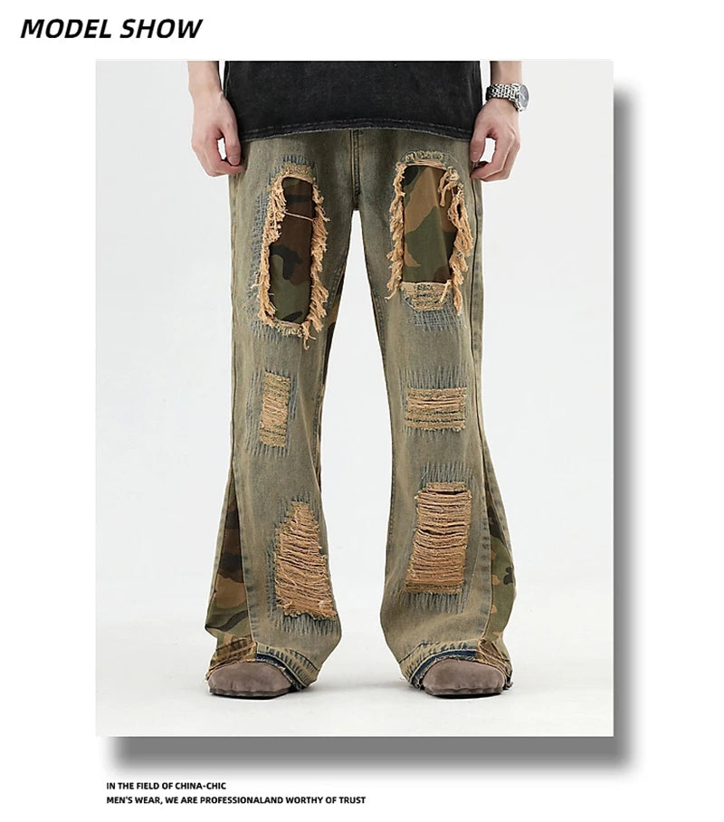 hip hop camouflage ripped patchwork denim pants for men y2k vintage streetwear wide leg jean 2025 new distressed baggy jeans unique jeans style 323