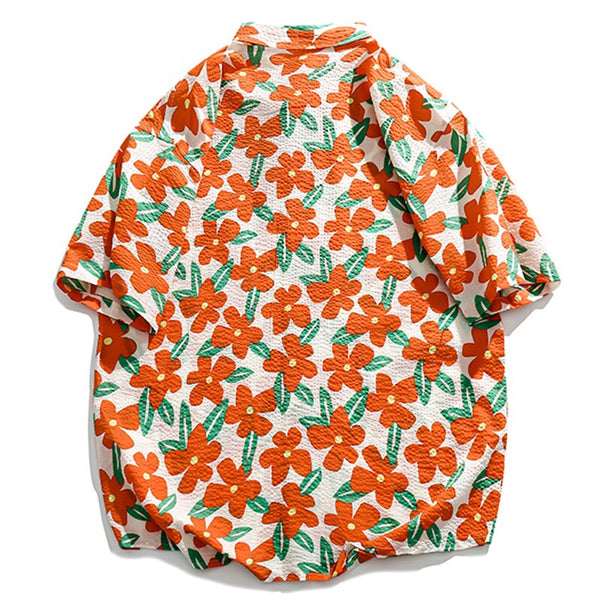 "Orange Floral" Unisex Men Women Graphic Button Shirt Daulet Apparel