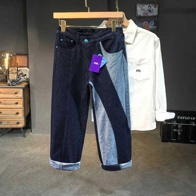 men streetwear splice denim fashion brand hip hop loose casual straight jeans pant cityboy deep blue y2k jeans trousers for men unique jeans style 1875