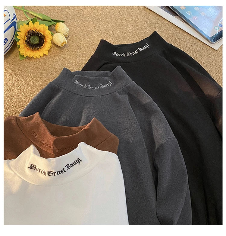 Autumn Winter Warm Classic Long Sleeve Bottoming Shirt Gothic Style Embroidery Half-high Neck Tops Loose T-shirt