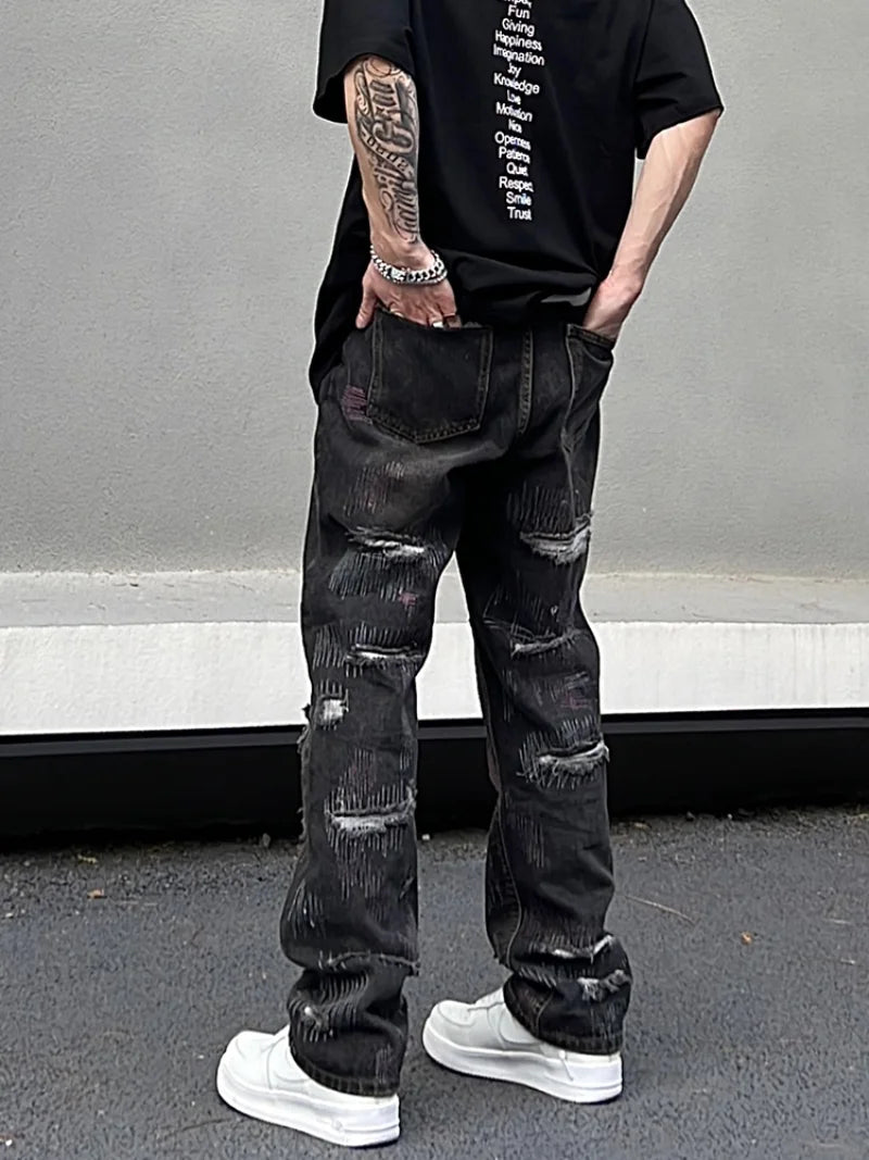 harajuku irregular scratched ripped holes denim jeans men zipper jeans hip hop streetwear new casual straight joggers jean pants streetwear sweatpants