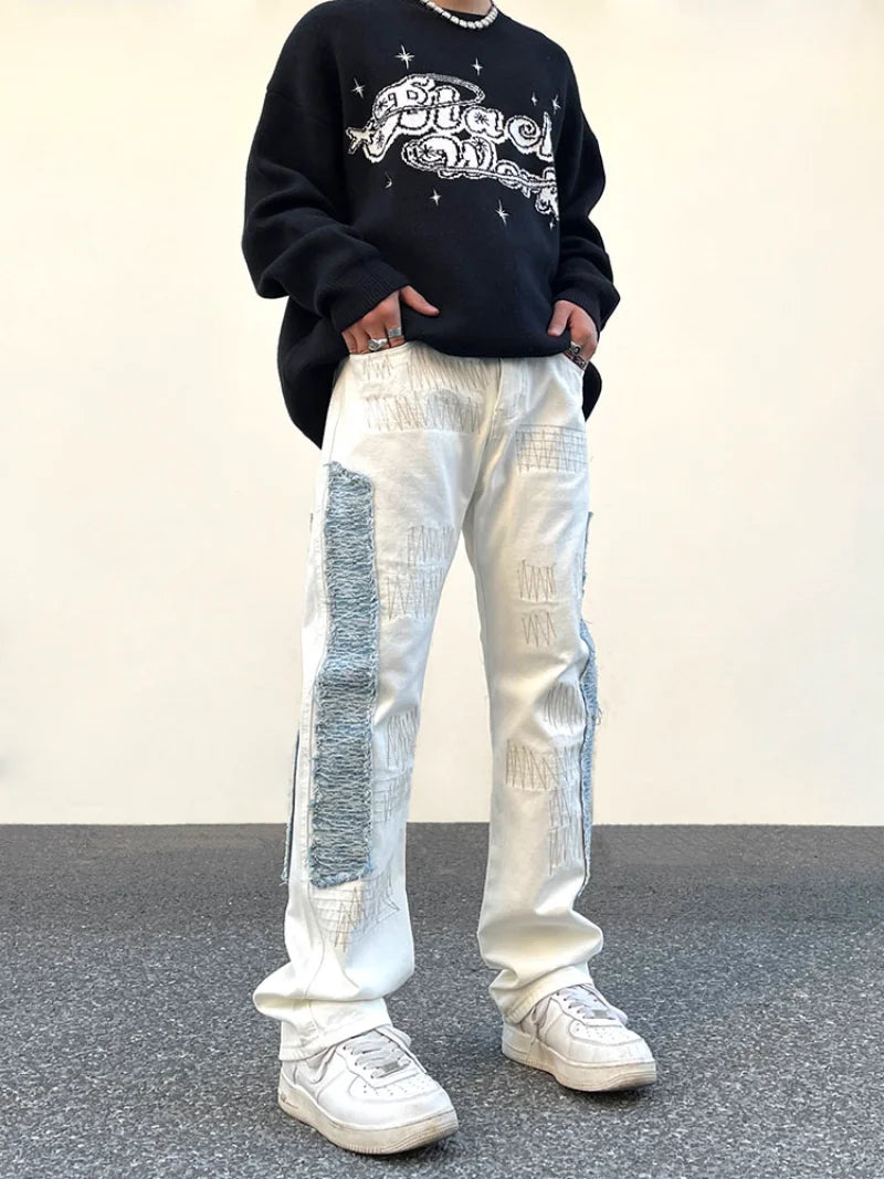 irregular sewing scratched patchwork denim jeans men casual straight biker zipper trousers streetwear hip hop jean pants joggers streetwear sweatpants