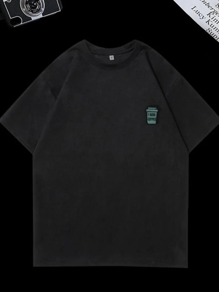 Glitchcore Oversized shirt – I Need Coffee Graphic Print Short Sleeve T Shirts Hombre Y2K