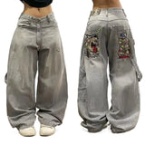 street popular gothic print spot jeans men y2k new harajuku casual loose straight wide leg pants couple joker punk denim trouser unique jeans style 2772